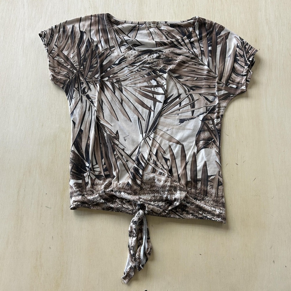 Y2K One World Shirt Womens Large Brown Palm Leaf Rhinestone Tie Front Tee